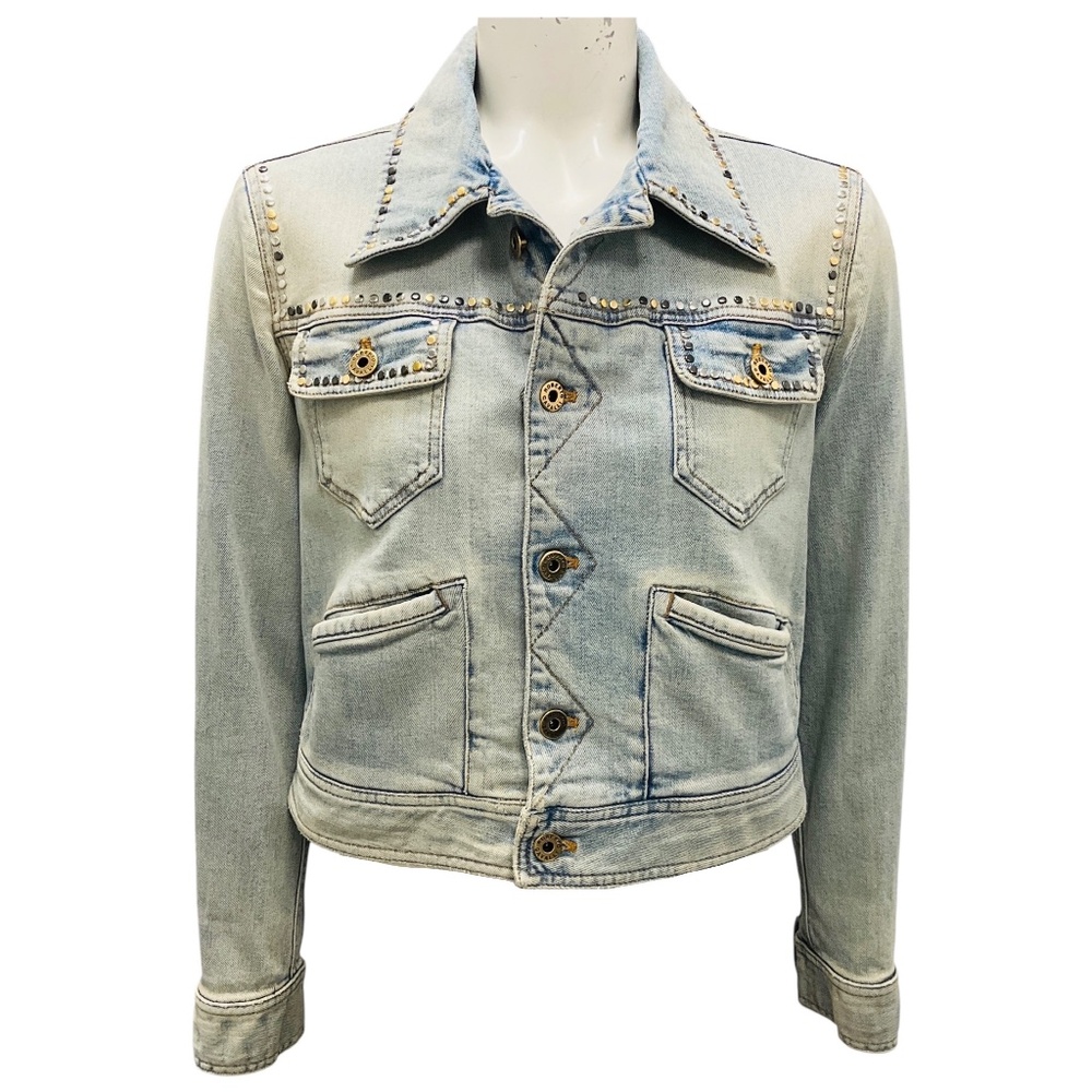ROBERTO CAVALLI LIGHT BLUE WASH STUDDED DENIM JACKET WITH EMBROIDERY